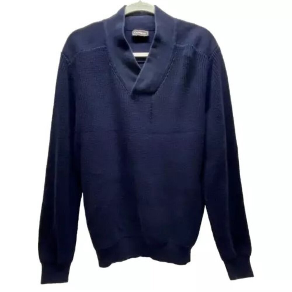 Express Shawl Neck Men's XL Navy Blue Pullover Sweater Tight Knit Cotton Blend‎